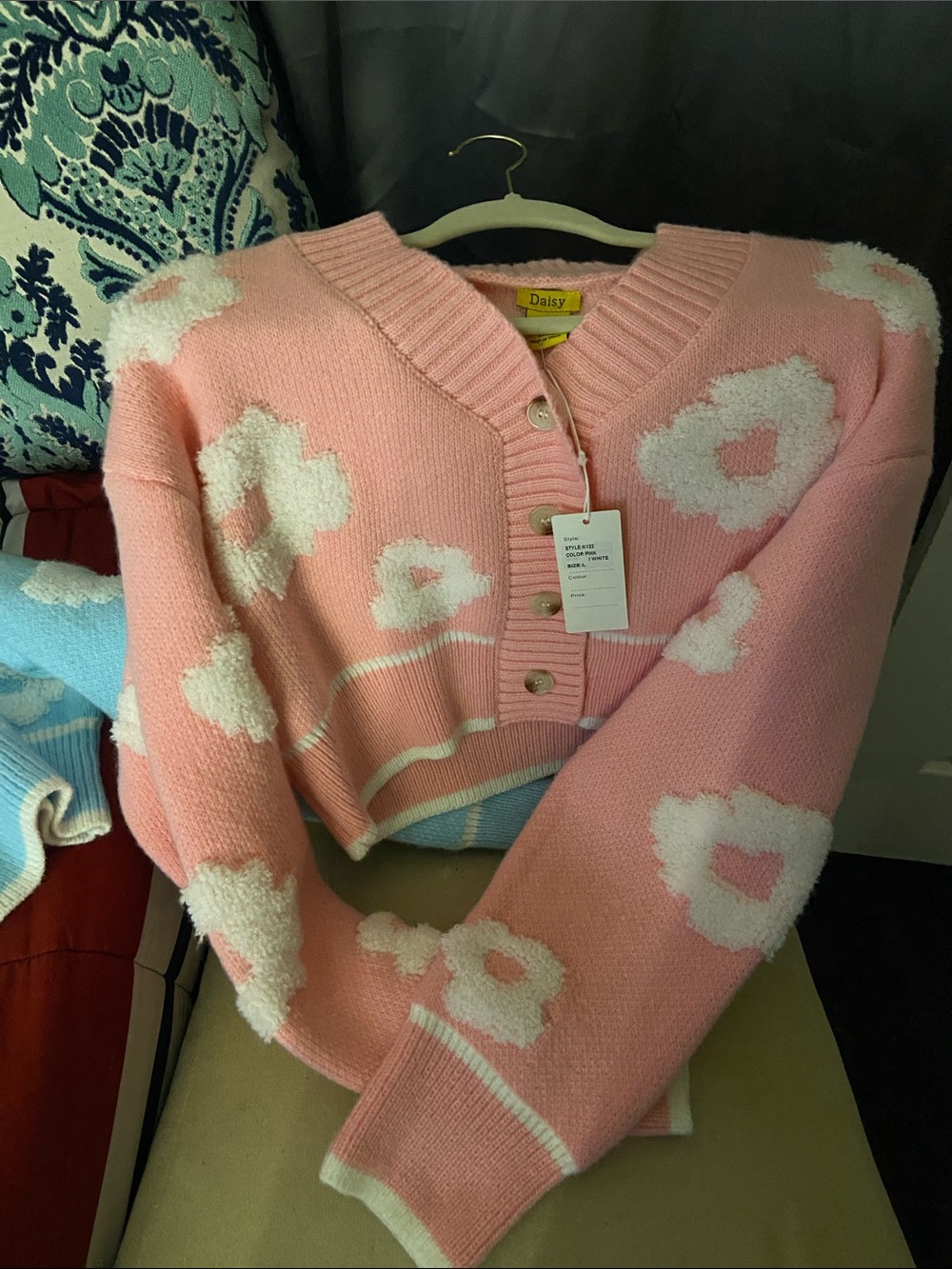 Daisy Pink and White Floral V-Neck Cropped Sweater